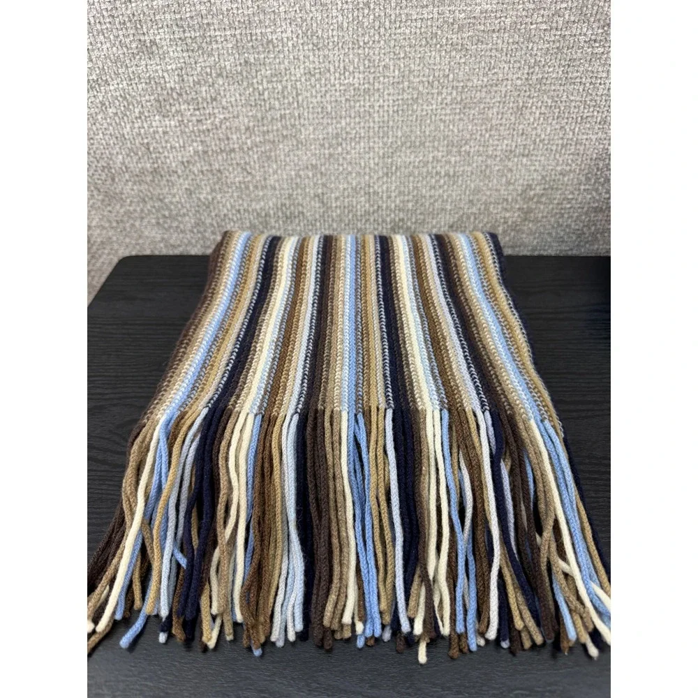 William Brunton Hand Knits Scarf Blue Brown Striped Made in Scotland Wool Fringe